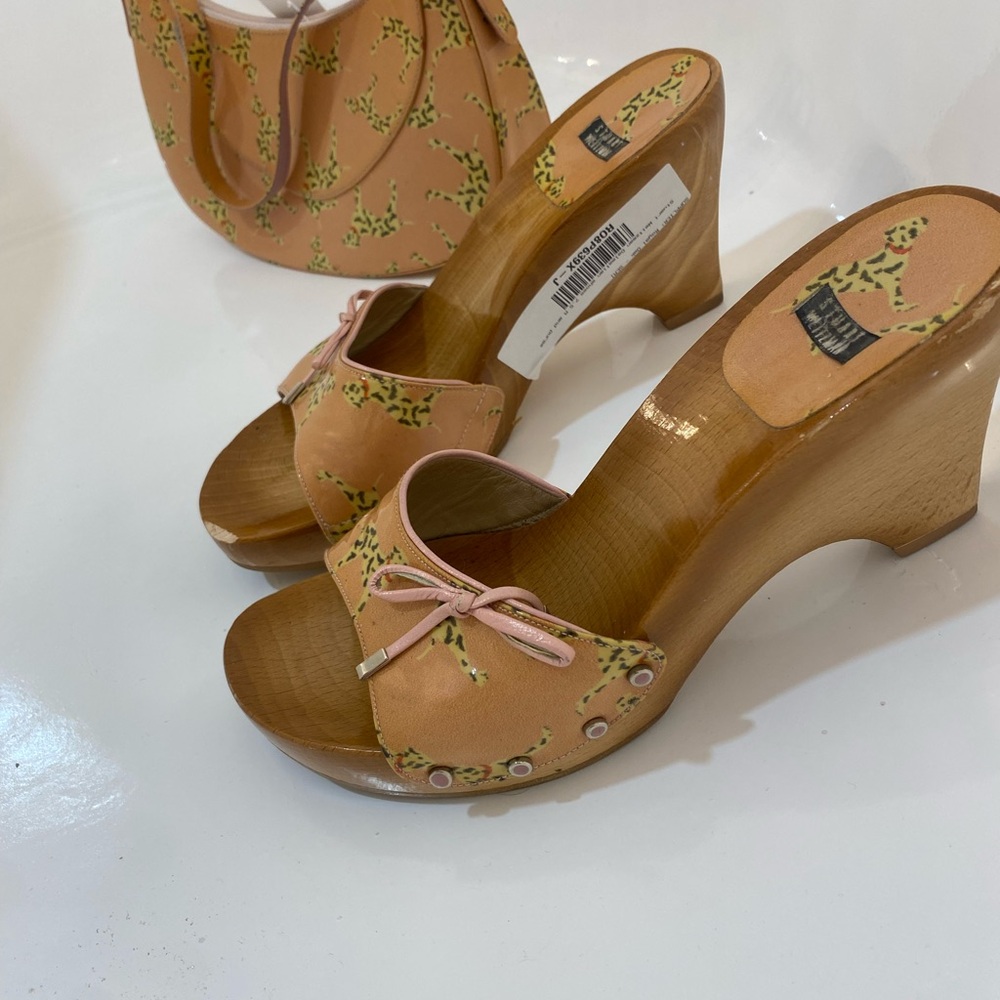 Y2K Stuart Weitzman Tan Mules with matching Dalmatian bag
